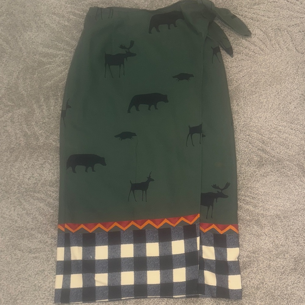 Green Animal Print Skirt with Checkered Hem